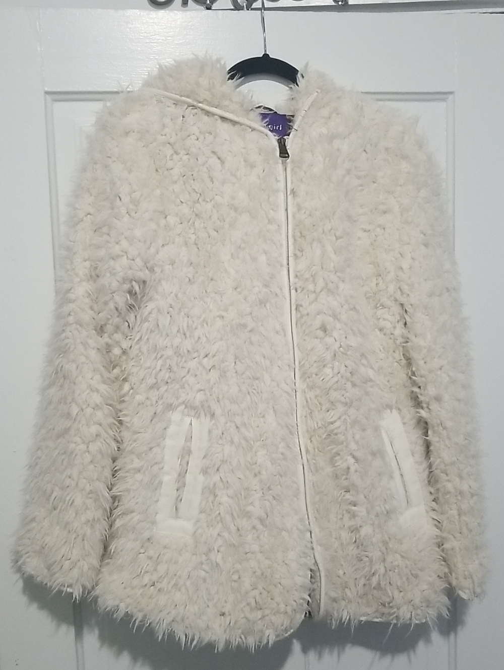 Madden Girl Plush Faux Fur Zip-Up Hoodie Jacket in Cream